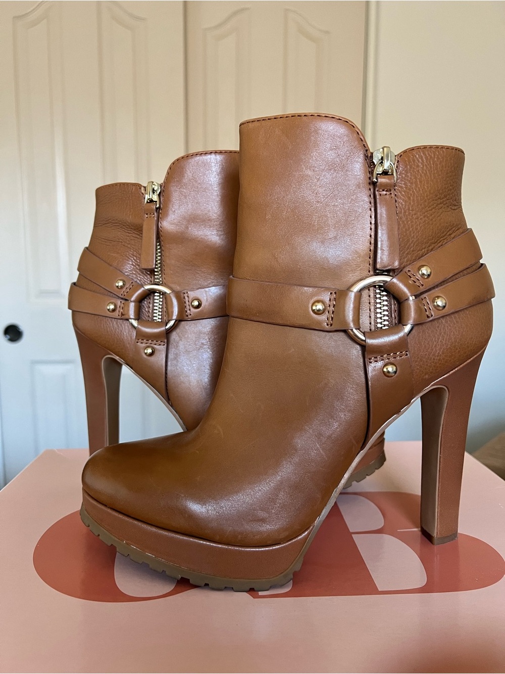 Gianni Bini Tan Leather High Heel Ankle Boots with Ring Detail